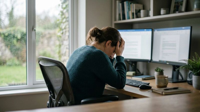 Person sitting at computer desk viewed from behind, depicting workplace exhaustion