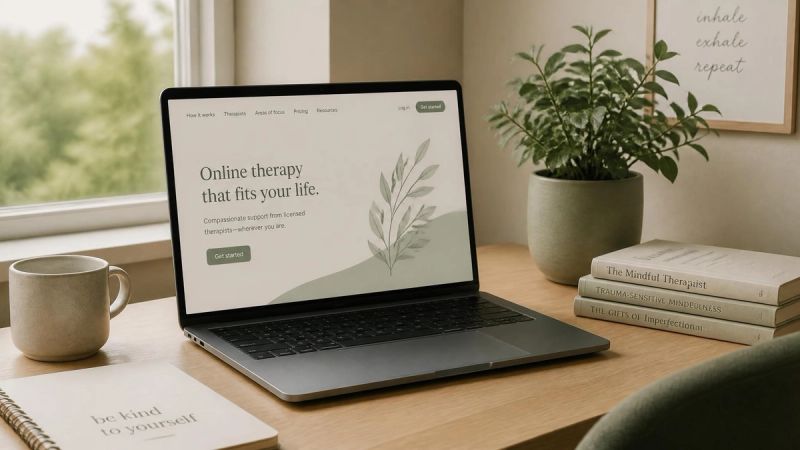 A calm home therapy space with a laptop, representing online therapy for menopause mood swings