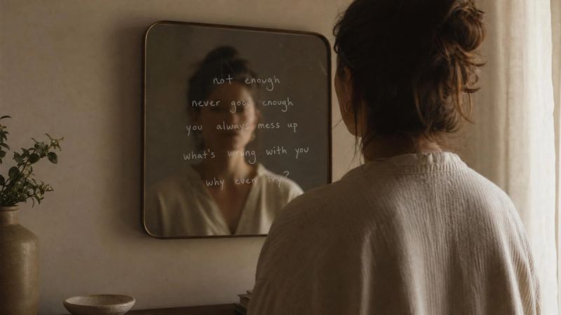 A person looking at their reflection in a mirror, representing self-awareness and noticing the inner critic