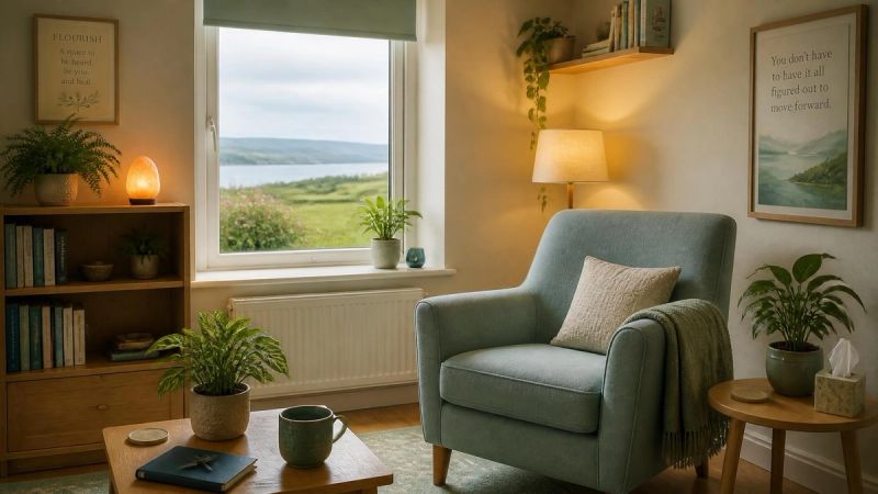 A peaceful therapy room or consultation space with natural light, representing CBT and exposure therapy support