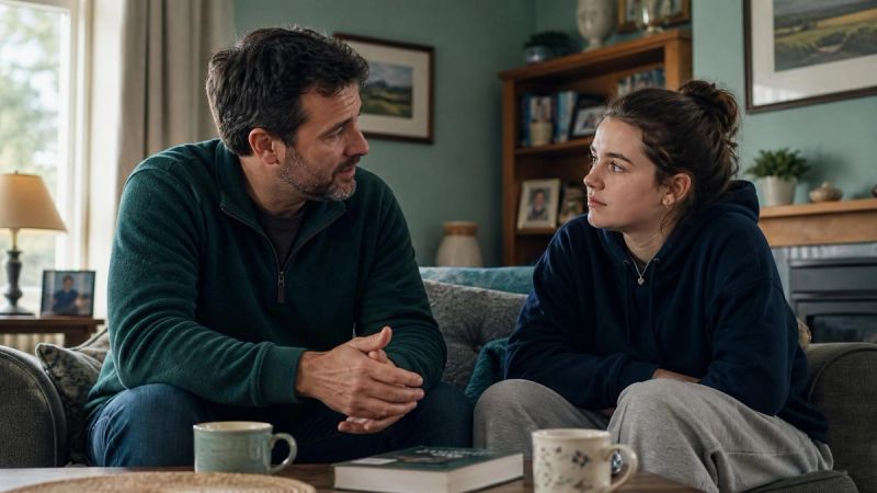 A parent and teenager having a calm conversation on a sofa