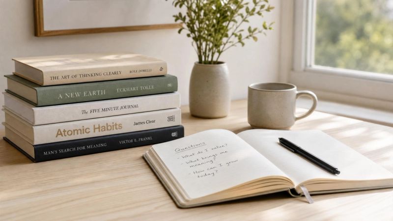 A neat stack of books and a notebook on a desk, representing learning and questions about perfectionism