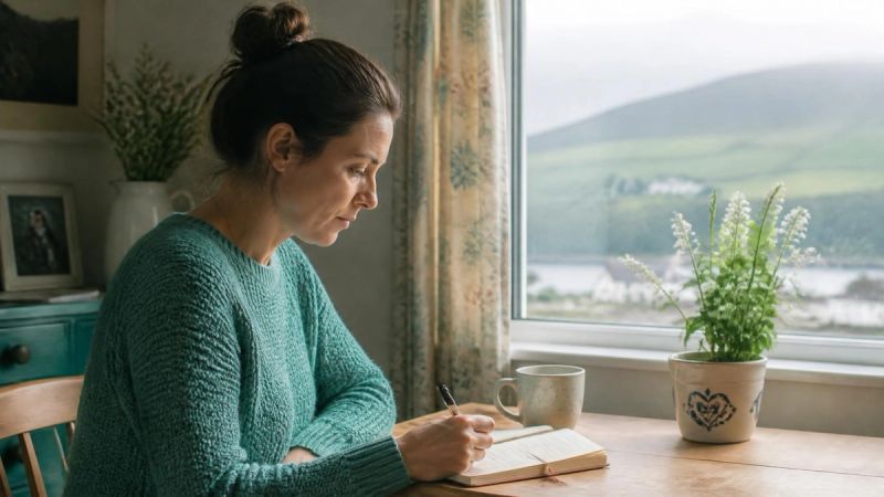 A person writing in a recovery journal by a window