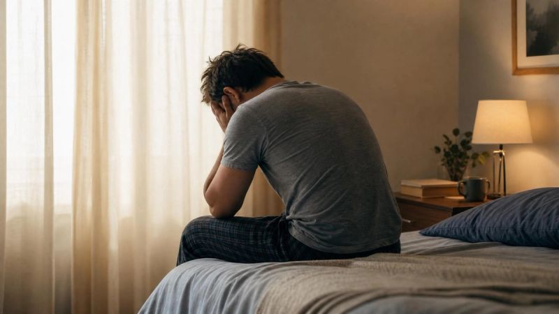 A person sitting on a bed with their head in their hands, soft lighting, representing when loneliness becomes heavier