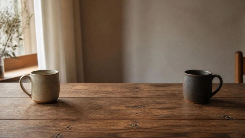 Two cups on a table with distance between them