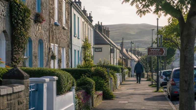 A quiet Irish residential street with a single person walking in the distance, symbolising small brave steps