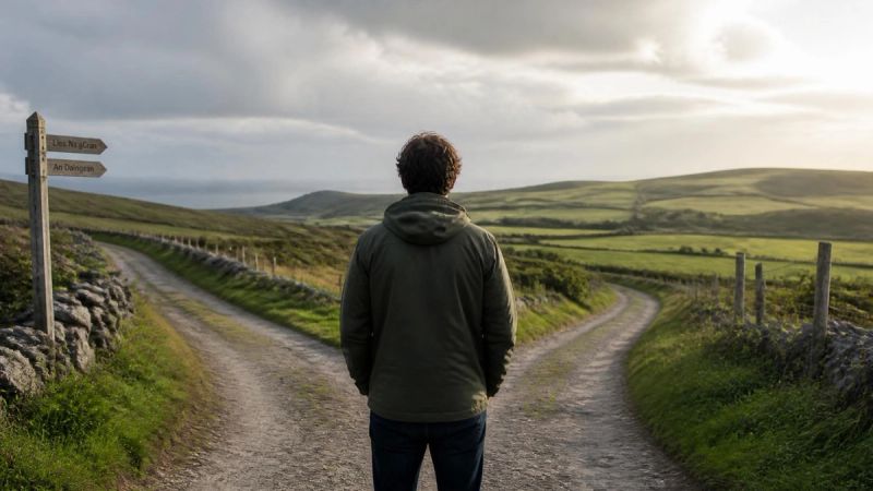 A person standing at a crossroads in a peaceful outdoor setting, representing decision-making