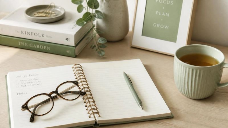 A desk with a notebook, reading glasses, and a cup of tea, representing coping with brain fog