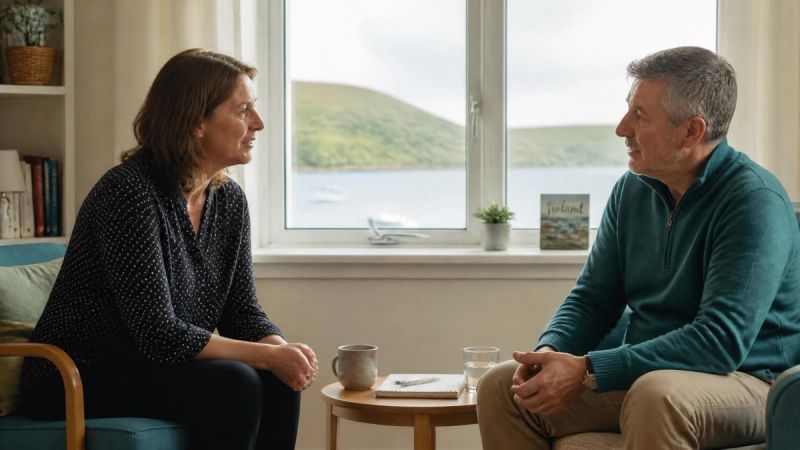 Two people talking at a table in a bright, comfortable room