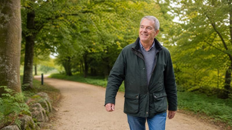 An older adult smiling while walking outdoors in a green Irish park