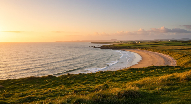Peaceful Irish coastal scene at golden hour
