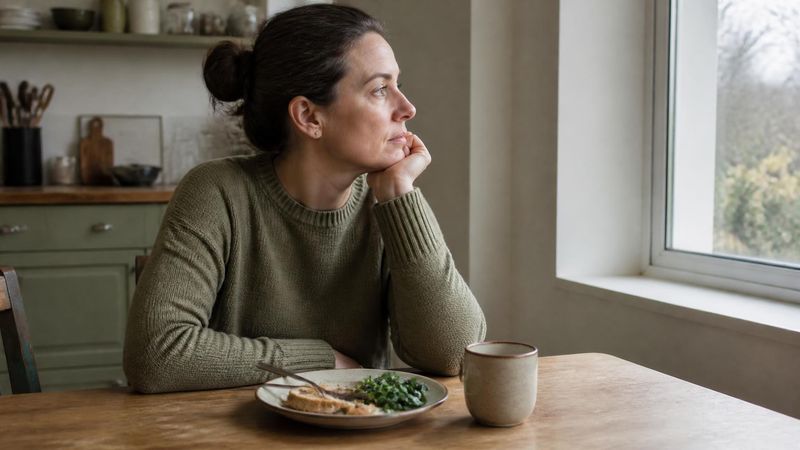 A person sitting at a kitchen table with an untouched meal, looking out of the window