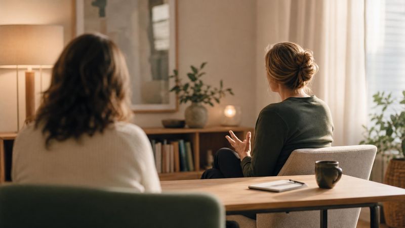 Two people talking calmly across a table, representing therapy for body image and self-esteem issues