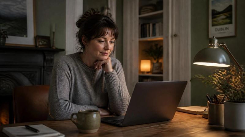 A person sitting at a desk with a laptop, reading a page of information calmly