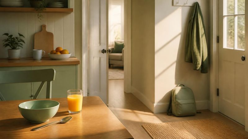 A breakfast table set for a child with a school bag ready by the door