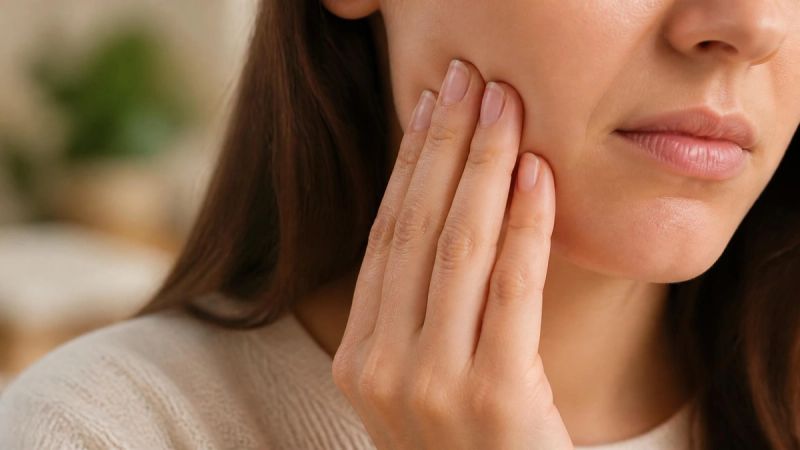A hand gently touching the jaw or cheek, representing dental pain or concern about oral health