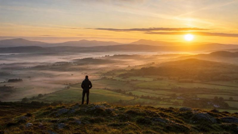 A person standing confidently on a hill overlooking the Irish countryside at sunrise, symbolising self-acceptance with ADHD and anxiety.