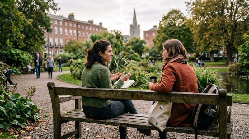 Two people talking on a park bench, representing choosing a therapist