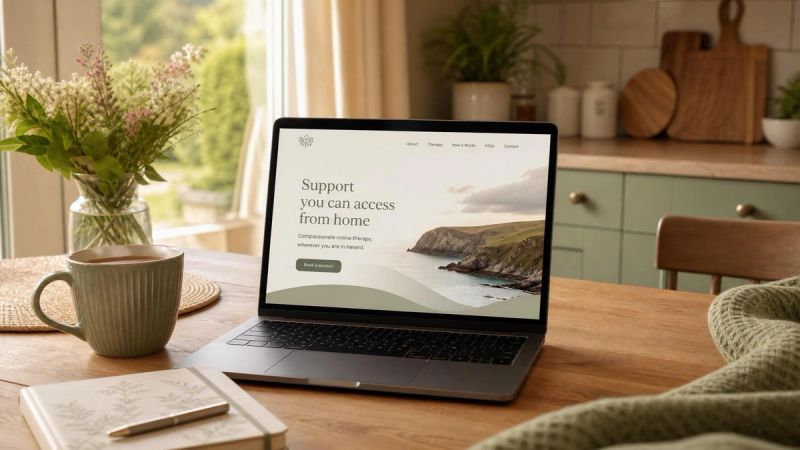 Laptop on a kitchen table in an Irish home, representing online therapy accessibility across Ireland