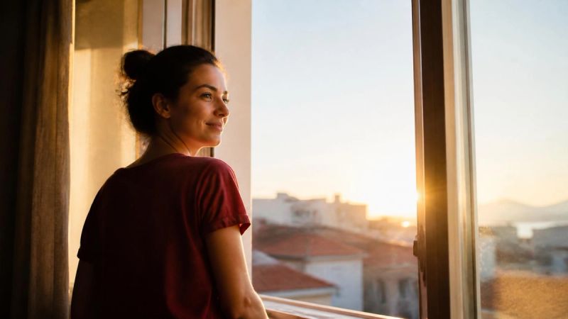A person standing by an open window at sunrise looking rested and calm, soft golden light