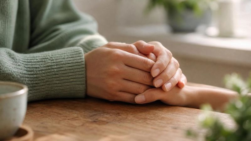 Close-up of hands clasped tightly, representing the physical symptoms of social anxiety like sweating or trembling