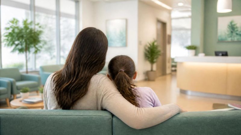 A child and parent sitting together in a bright, friendly waiting area, representing childhood dental fear