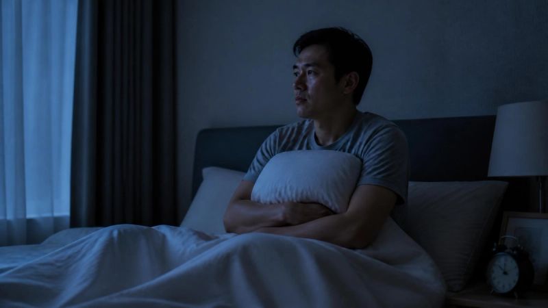 A person sitting upright in bed at night looking anxious, holding a pillow, soft blue night light