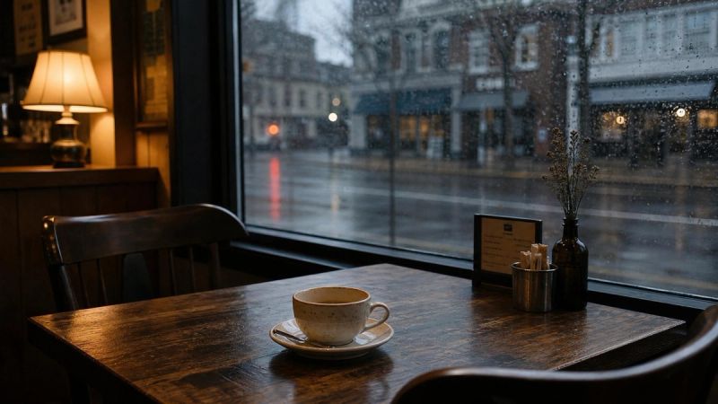 An empty cafe table by a rainy window, showing how low self-esteem can appear as social withdrawal in everyday Irish life