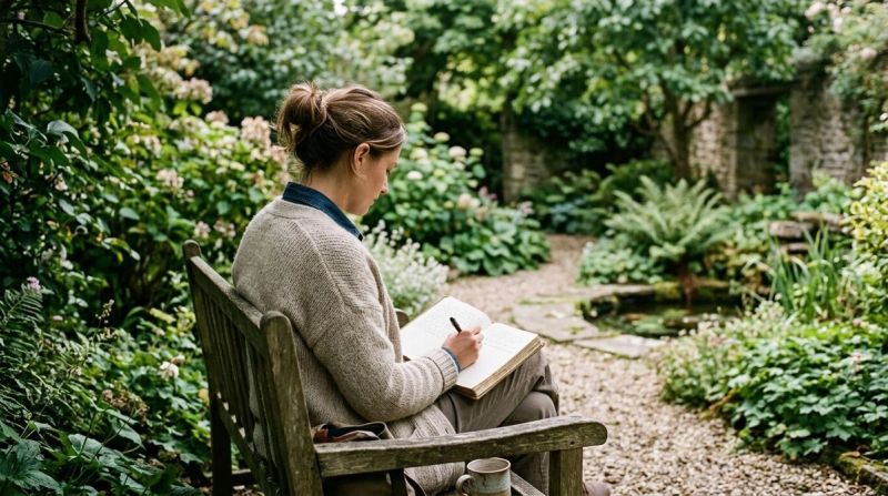 Person journaling in quiet garden, representing self-care before therapy