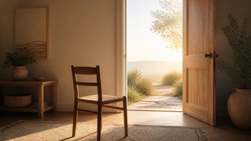 A single figure standing at an open door with light