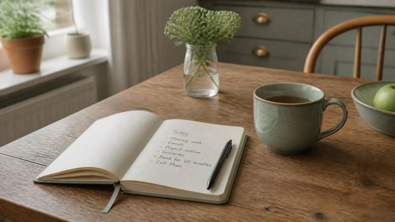 A notebook with a short list beside a cup of tea on a kitchen table