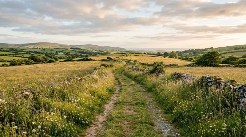 Open path through a sunlit Irish meadow, symbolising hope and healing from childhood trauma