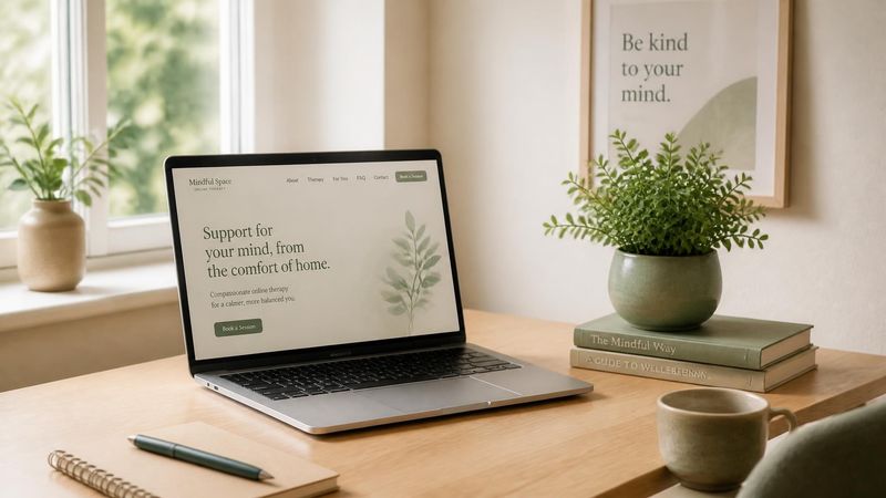 A calm home office space with a laptop and plant, representing online therapy for brain fog
