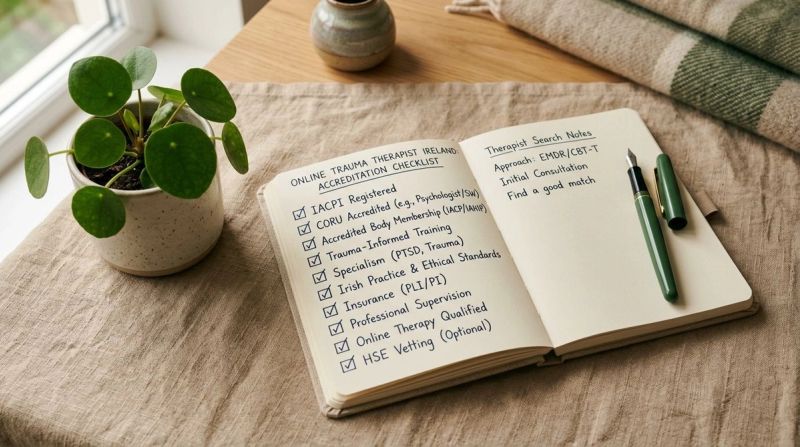 Notebook with therapist criteria, symbolising choosing an online therapist