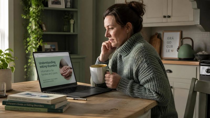 A person reading information about eating disorders on a laptop