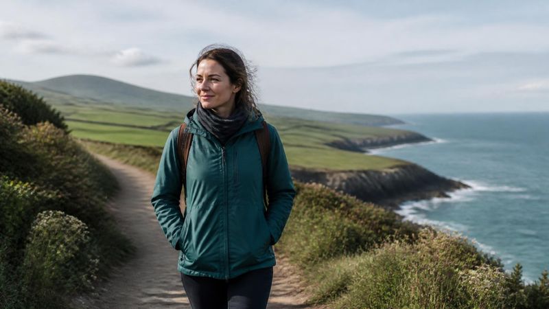 A person walking along an Irish coastal path on a bright day, looking ahead