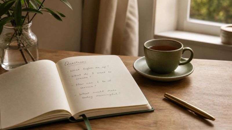 Open notebook with questions and a cup of tea, representing frequently asked questions about PTSD