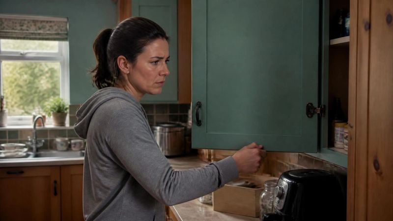 A person looking anxious while opening a kitchen cupboard