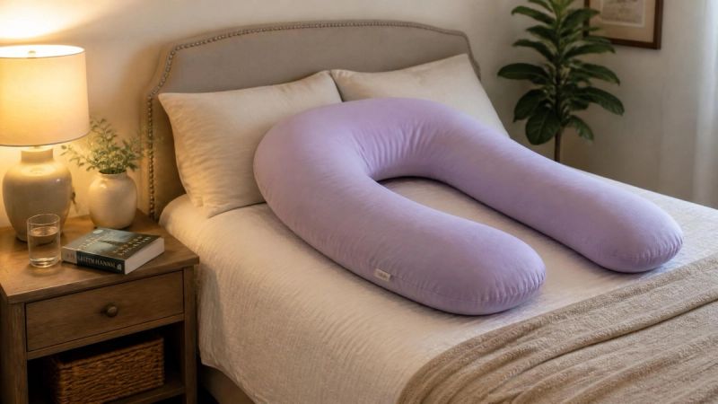 A pregnancy pillow and comfortable sleep setup in a tidy bedroom.