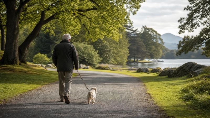 An older person walking a dog alone on a path in an Irish park, showing that loneliness can affect people of any age
