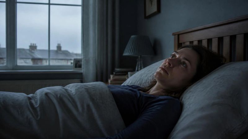 A woman lying awake in bed, looking up at the ceiling in the early morning