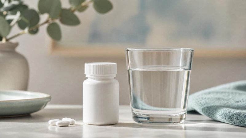 A small arrangement of prescription medication and a glass of water, representing SSRI medication alongside ERP therapy