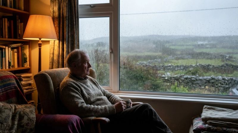 Irish parent looking out a rain-streaked window in quiet reflection, gentle grey-green outdoor light