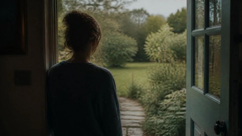 A person standing at a doorway looking out into a garden, representing avoidance and hypervigilance