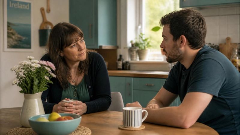 Two people having a supportive conversation at a kitchen table