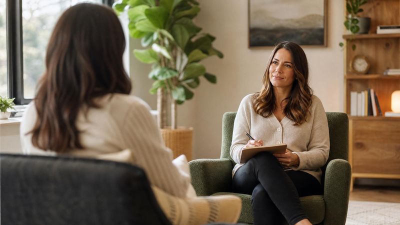 Two people sitting across from each other in a supportive therapy session