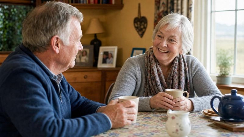 Two older adults having tea and a friendly conversation at a kitchen table