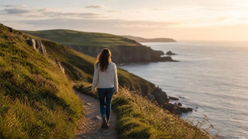 A woman walking confidently along a peaceful Irish coastal path, representing hope and support for women with ADHD