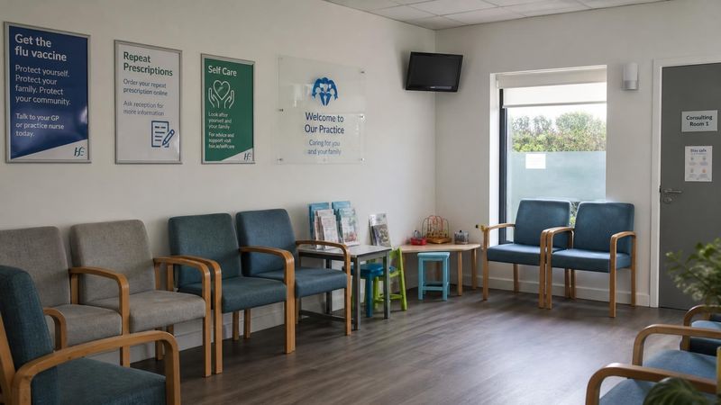 An Irish GP surgery waiting room with informational posters on the wall.