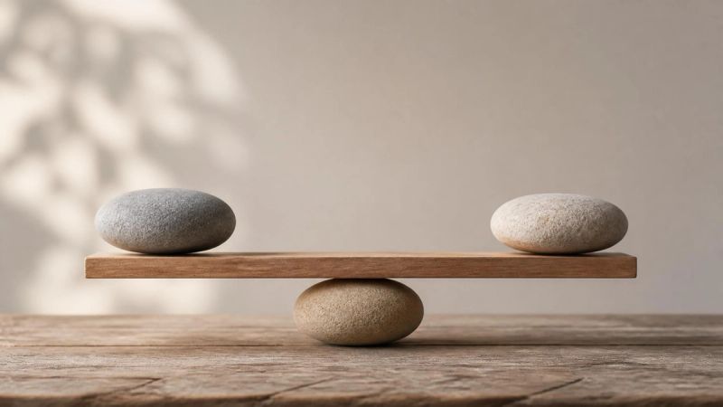 A simple balanced scale or two balanced stones, representing comparison and choice